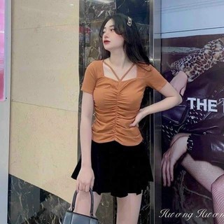 Áo thun nữ kiểu nhún sườn dây chéo cổ sexy