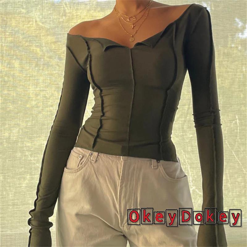 Áo Thun Crop Top Tay Dài Trễ Vai Màu Trơn Cho Nữ OKDK-Y2K