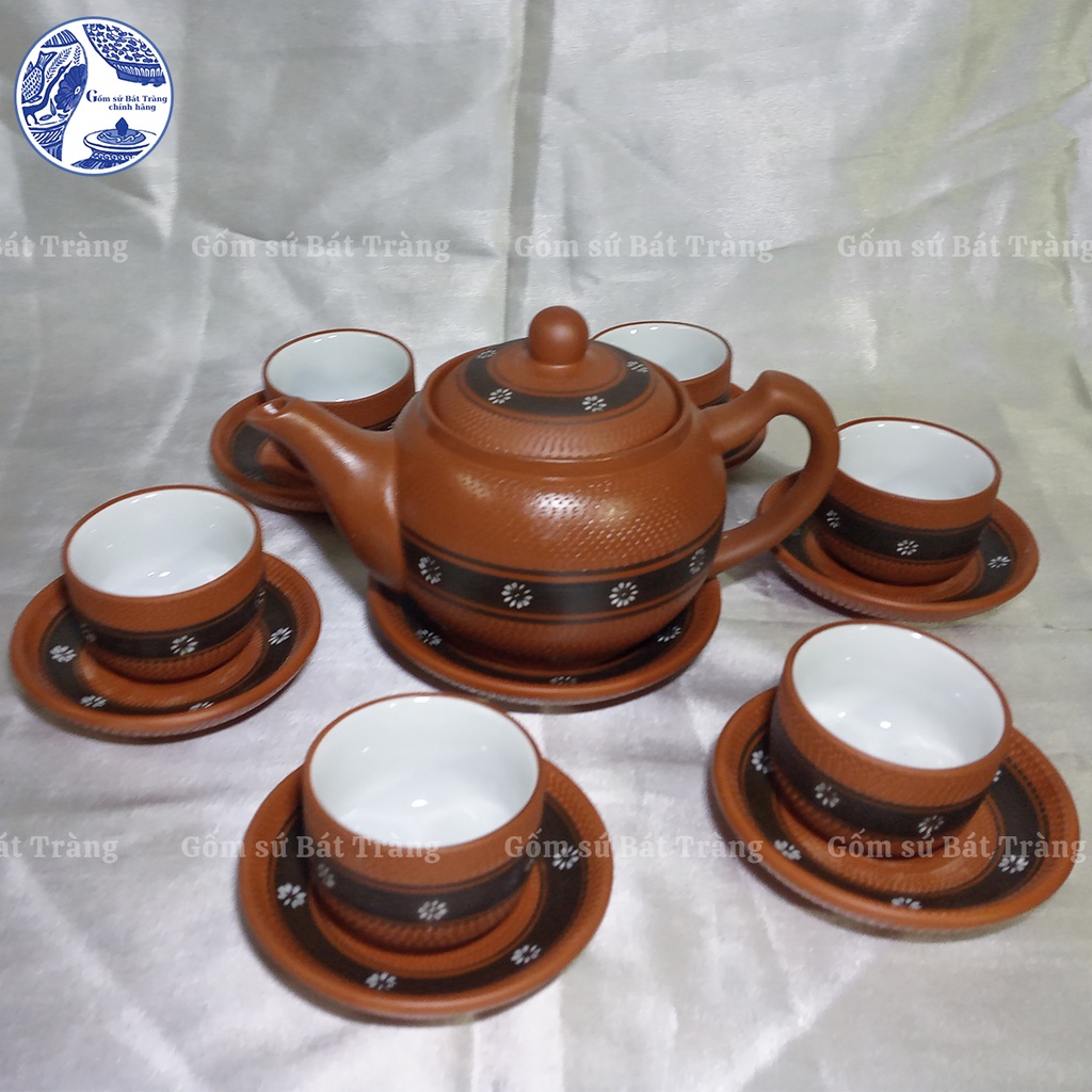 Bộ tách chén pha trà đất đỏ khắc hoa văn truyền thống - Gốm sứ Bát Tràng chính hãng