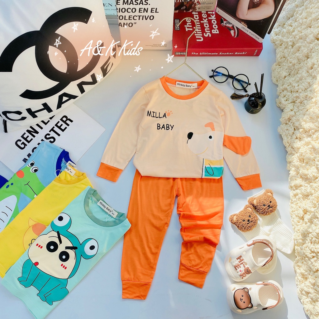 Bộ dài tay phối tai thú thật, minkey thun lạnh phối viền bo cho bé trai,gái dưới 1m2,từ 7kg đến 19kg M.52