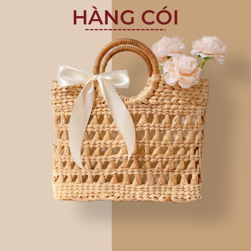 Túi cói giỏ cói lục bình kiểu đan rào thưa size lớn-Hàng Cói