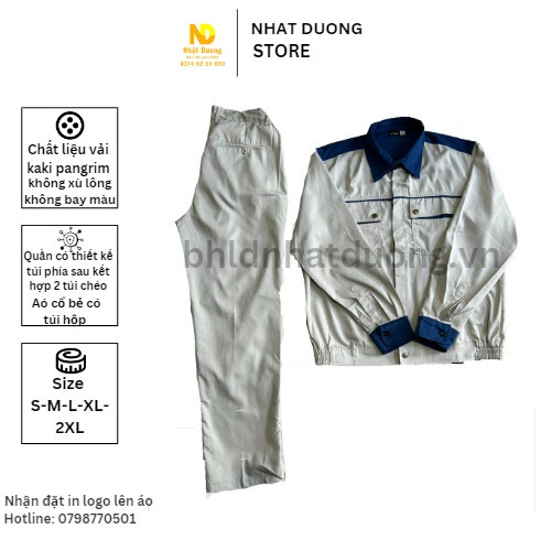 Quần áo bảo hộ lao động Tinba 01 màu trắng sữa phối xanh, Đồ bảo hộ lao động nam vải kaki
