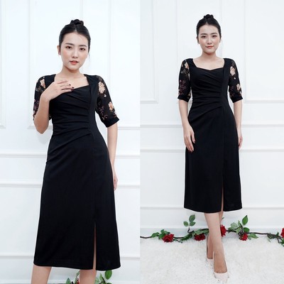 GOTI - Đầm Suông Chữ A Dự Tiệc Trung Niên Nữ Cao Cấp Màu Đen, Đỏ Vải Thun Co Giãn BigSize Cho Mẹ U40 U50 3355