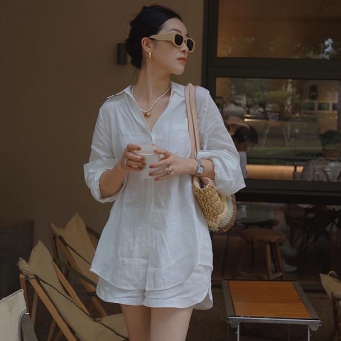 Áo sơ mi nữ form rộng dài tay kiểu dáng rớt vai trẻ trung, chất vải Linen bột Premium mềm mát (Trắng)