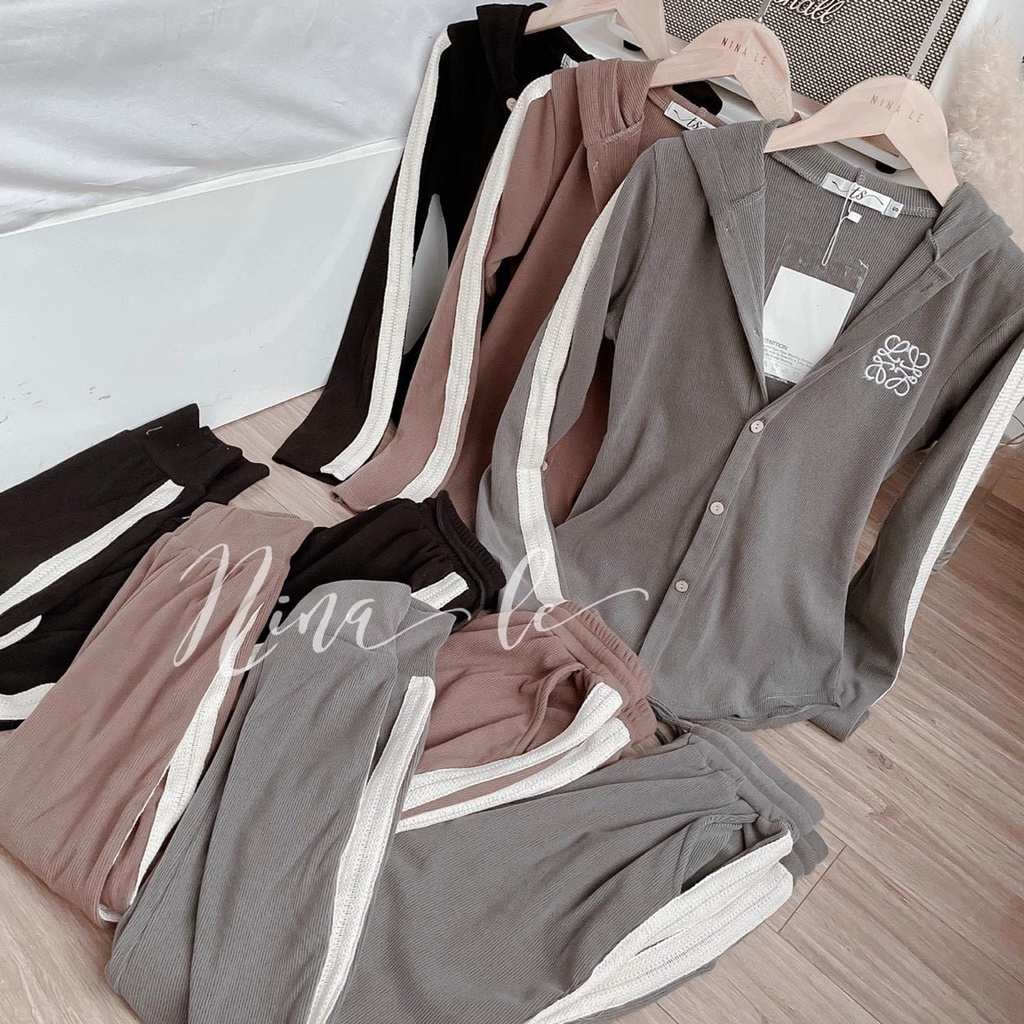 Sét bộ nữ thời trang mặc đi chơi chất thun gân cổ sơmi cài nút tay dài kẻ sọc mix quần dài bo lai xinh xắn