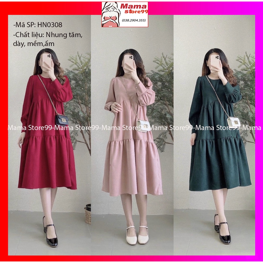 Đầm Bầu Váy Bầu Nhung Dày Dặn Thu Đông Dài Tay Công Sở Dự Tiệc Cổ Tròn Dáng Xòe Tay Bồng Dễ Thương Xinh Xắn HN0308 Mama