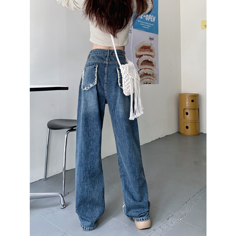 Quần Jean Dài Ống Rộng Màu Trơn Thời Trang Hàn Quốc 2023 Cá Tính Cho Nữ