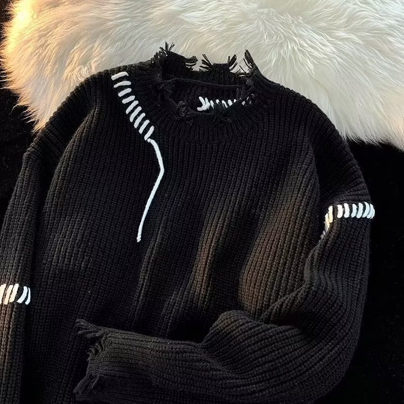 Áo Sweater Cổ Tròn Thiết Kế Xẻ Rách Thời Trang Thu Đông Cho Nam Và Nữ thắt lưng nữ áo len rách dây thừng Áo dệt kim dây thắt lưng