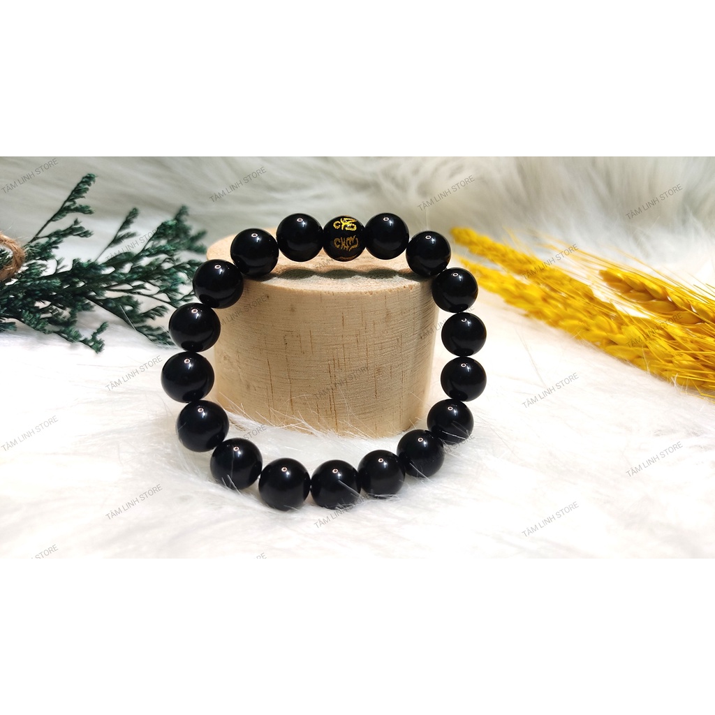 Vòng tay đá núi lửa Obsidiian đen ánh bạc mix chú omani