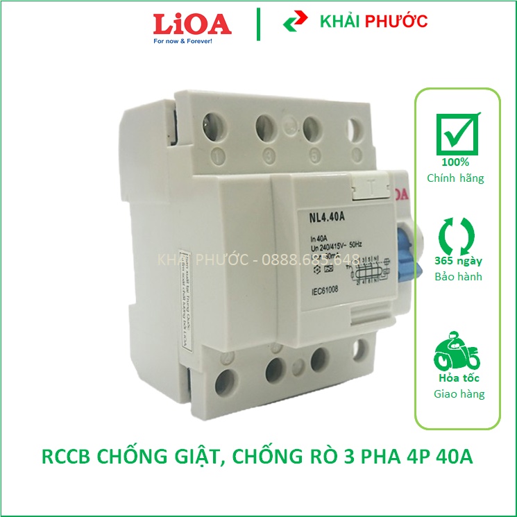 RCCB CB ÁP TÔ MÁT APTOMAT 3 PHA 4 CỰC 4P 40A CHỐNG GIẬT CHỐNG RÒ CẦU DAO AN TOÀN LIOA RCCB4040/30 - KHẢI PHƯỚC