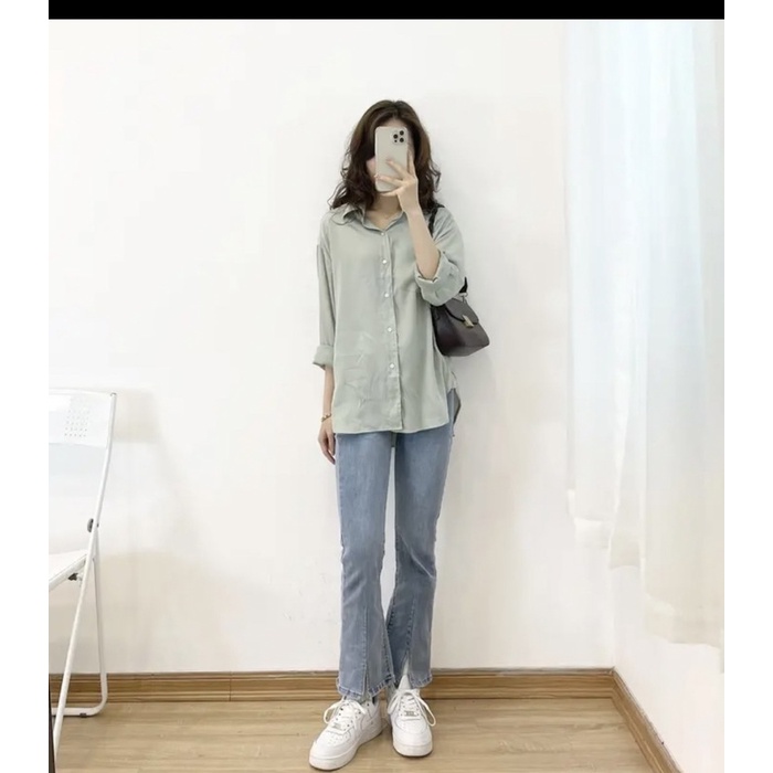 Áo sơ mi lụa mềm màu xanh ngọc