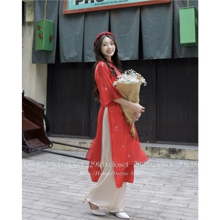 Áo dài cách tân voan thêu hoa 4 tà tay lỡ kèm quần lụa