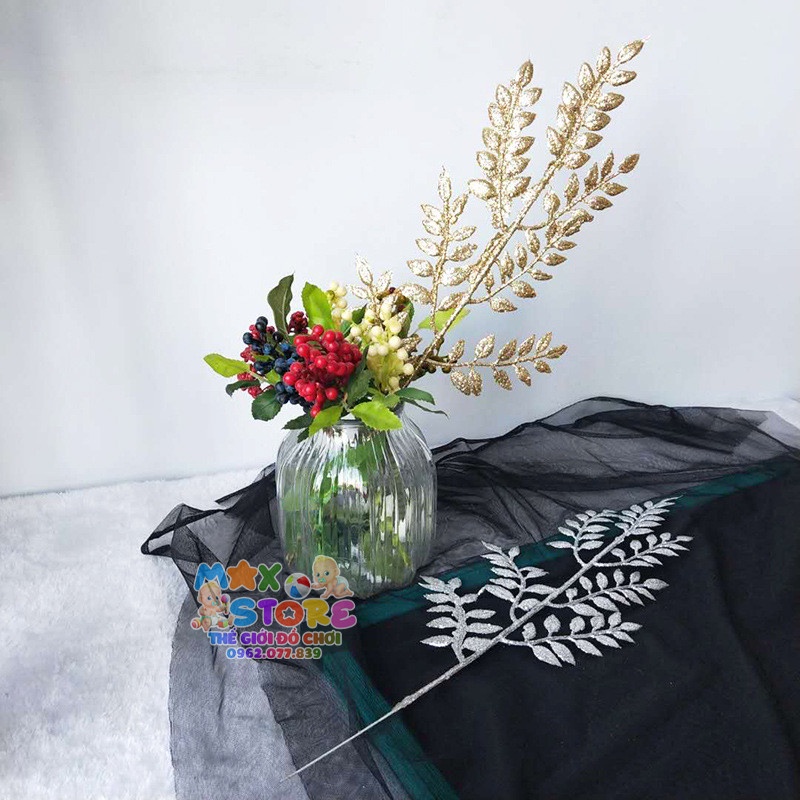 Cành Lá Me Phủ Nhũ Kim Tuyến 7 Nhánh Loại Đẹp Trang Trí Tháp Bánh Kẹo Oản Thờ Oản Tài Lộc Giỏ Hoa Quả