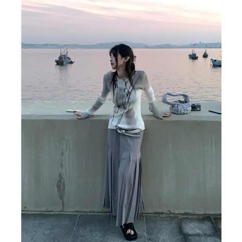 Áo Sweater Dệt Kim Dáng Ôm In Họa Tiết Màu Gradient Thời Trang Cao Cấp Cho Nữ