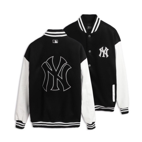 Áo varsity jacket Bomber MLB NY Chữ Thêu Tay Da Cao Cấp - Áo Bomber Nỉ Tay Da Phong Cách Unisex***