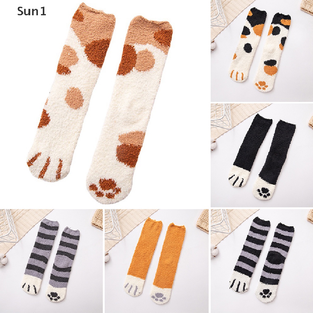 Vớ Lông Cừu San Hô Dày Ấm Áp Mềm Mại Hình Chân Mèo Dễ Thương Cho Nữ