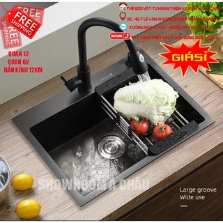 Bồn rửa chén 1 hộc 304 nano đen,chậu rửa chén inox đen vòi rửa chén đen kèm RỔ trái cây