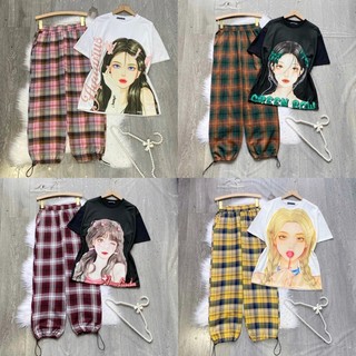 Set áo thun cô gái và quần caro dây rút