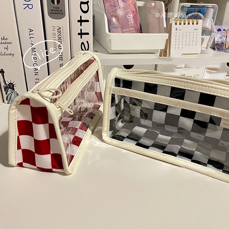 Túi Đựng Bút Chì Kẻ Ô Màu Trắng Đen Dung Tích Lớn JP5 Trong Suốt Phong Cách Nhật Bản