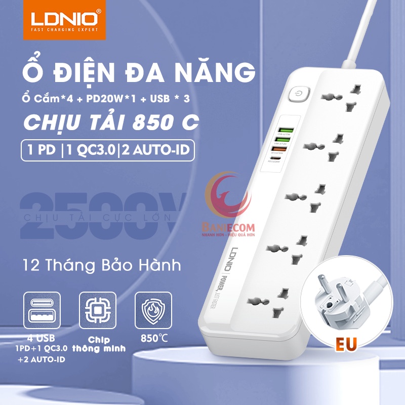 Ổ điện đa năng LDNIO 5 cổng Tích hợp Cổng C chuẩn PD 3.0 20W, USB chuẩn QC 3.0 18W và USB 12W - 6T Bảo hành 1 đổi 1