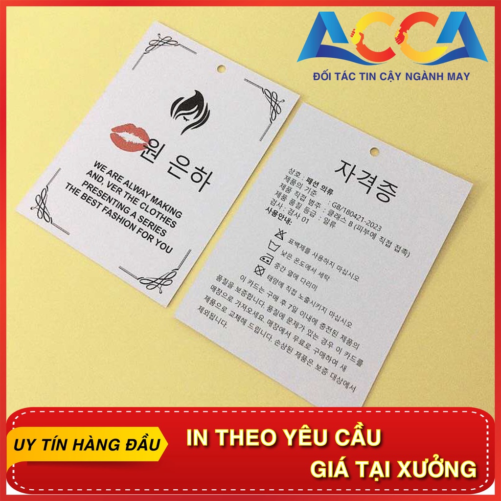 Tag giấy bán sẵn nhãn mác quần áo ACCA - Thẻ bài tag mác  chữ hàn dùng cho quần áo quảng châu ,thời trang nam nữ trẻ em