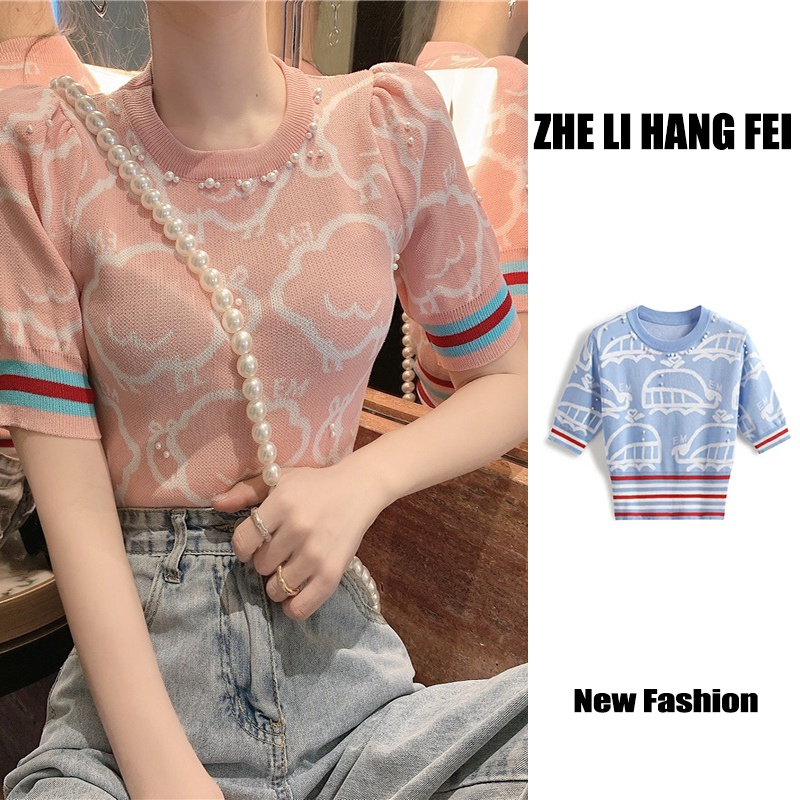 Áo thun ZHELIHANGFEI tay ngắn dệt kim lụa lạnh eo cao đính ngọc trai phong cách Pháp thời trang mùa hè dành cho nữ