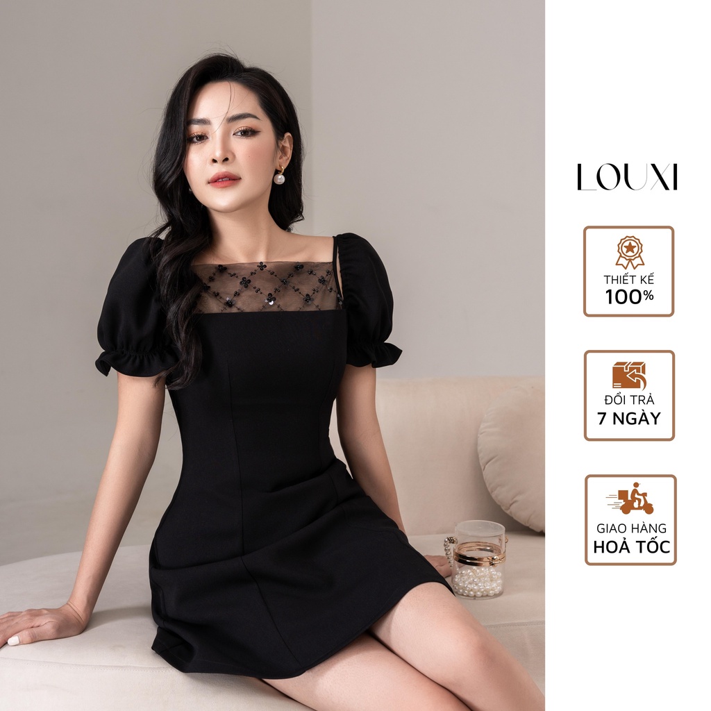 LOUXI I ▪️ Đầm đen tay phồng phối lưới Dalia Dress
