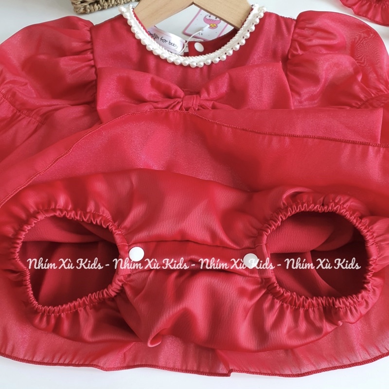 Body Váy Tơ Đỏ 𝐍𝐇𝐈́𝐌 𝐗𝐔̀ 𝐊𝐈𝐃𝐒 Cho Bé Gái Sơ Sinh, Đầy Tháng, Thôi Nôi, Sinh Nhật Chất Tơ Hàn Ánh Nhũ B050