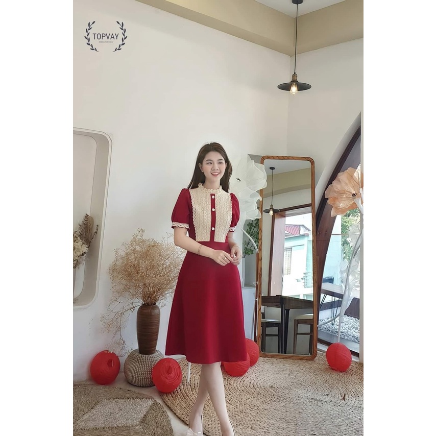 Váy Nhung 2 màu Đen Đỏ Phối Ren 3 Khuy