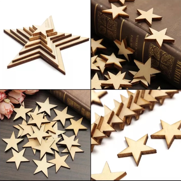 Set 50 ngôi sao, hình tròn, trái tim bằng gỗ để trang trí giáng sinh, 50 ngôi sao, hình tròn, trái tim dùng để kí tên