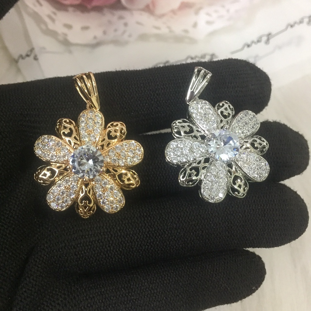 Dây Chuyền Nữ Đính Đá V1034 xi vàng và V1035 xi bạc  hoa năm cánh bản lớn đá đẹp