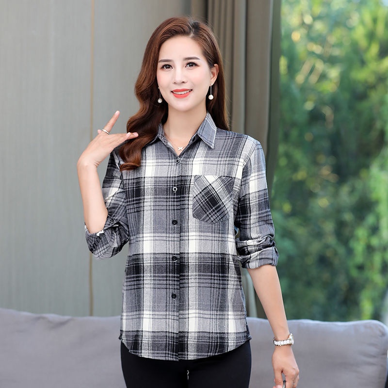Áo Khoác Sơ Mi Tay Dài Dáng Rộng Kẻ Sọc Ca Rô Thời Trang Mùa Xuân Cho Nữ Trung Niên 50-60 Tuổi