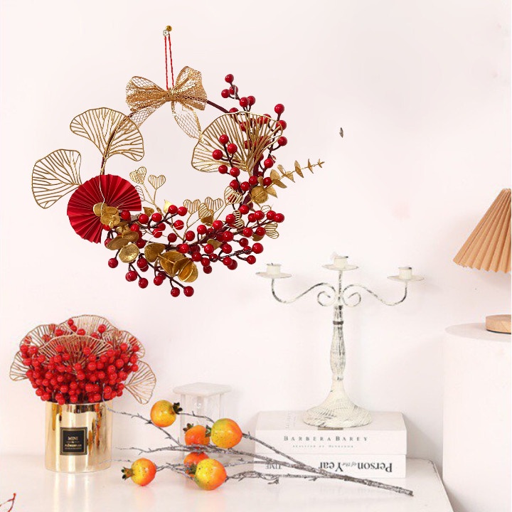 Vòng hoa đào đông đỏ trang trí Tết Tặng kèm đèn led đom đóm - Vòng hoa Tết treo tường đón tài lộc may mắn