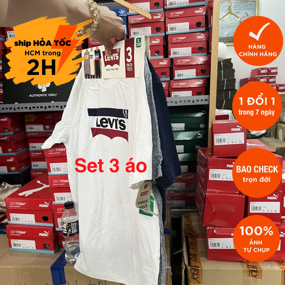 Set 3 Áo LEVIS Trắng / Xanh dương / Xám Fit size dưới 70kg hàng nhập siêu thị COSTCO MỸ