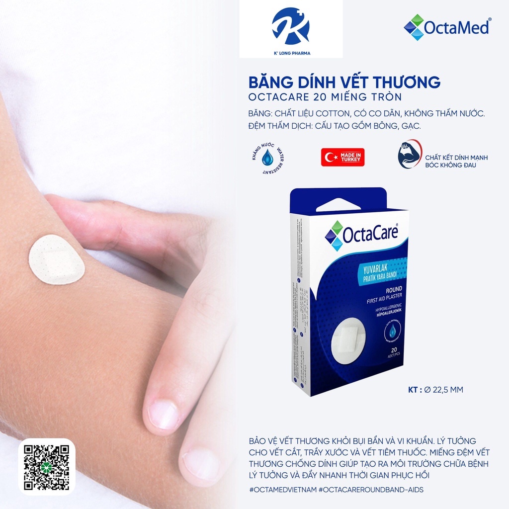 Băng Dán Sơ Cứu Y Tế OCTACARE Hình Tròn, Không Kích Ứng, Không Thấm Nước - Hộp 20 Miếng