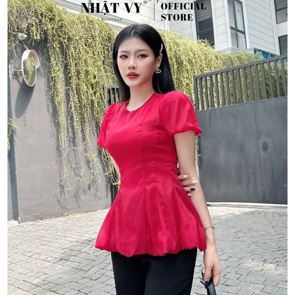 Áo công sở Nhật Vy cổ tròn tay bí dáng xoè chất voan ánh kim phù hợp đi chơi dạo phố cafe sang chảnh - D2596
