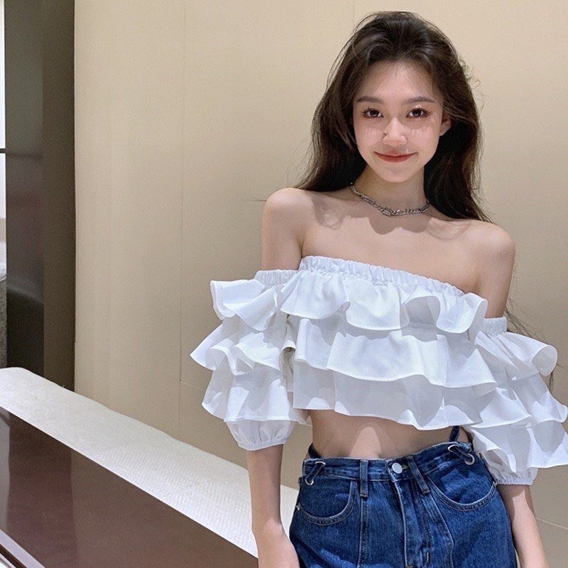 Áo Von Kiểu Mới Xếp Tầng Trễ Vai Ngắn Tay Bồng Bềnh TTSLA1015