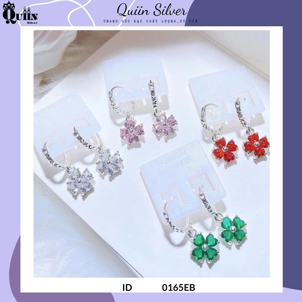 Bông tai/Khuyên tai bạc ta, bạc S925 Quiin - Hình cỏ bốn lá đá màu dành cho bé gái 0165EB