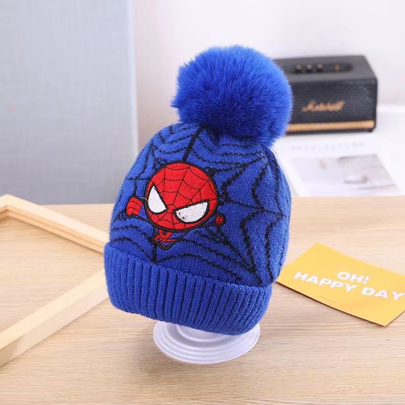 Mũ Len Beanie Đính Bóng Lông Thêu Hình Người Nhện Disney Thời Trang Thu Đông Cho Bé Trai Và Gái