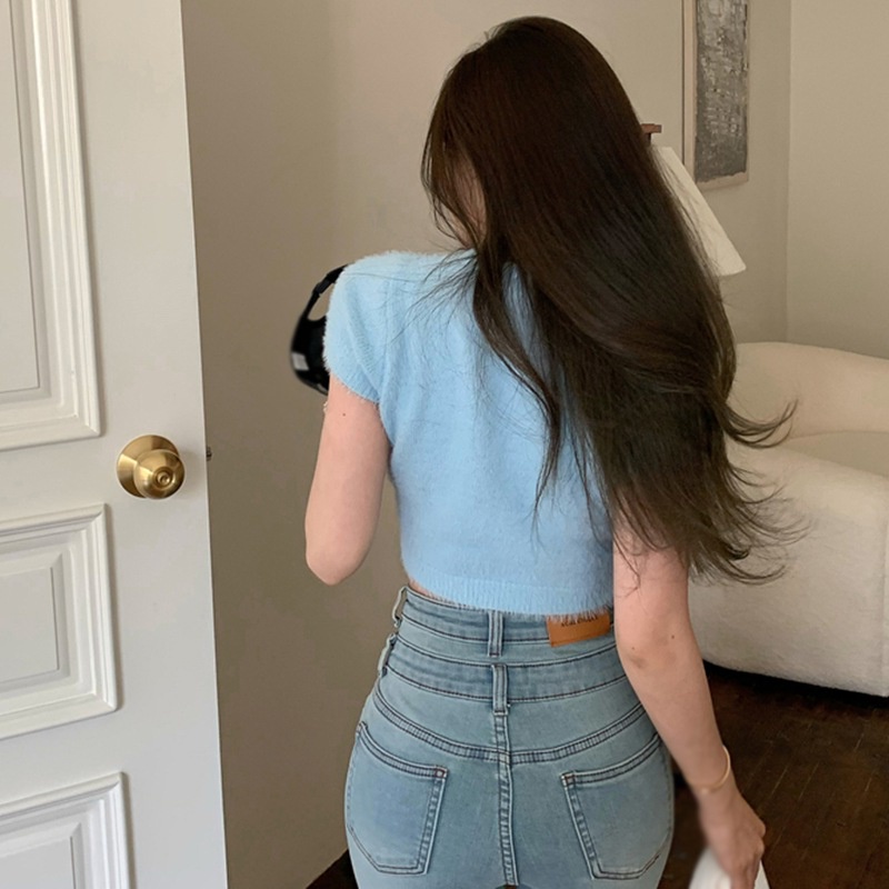 Áo Croptop Dệt Kim Tay Ngắn Cổ Tròn Phong Cách Hàn Quốc Thời Trang Cho Nữ