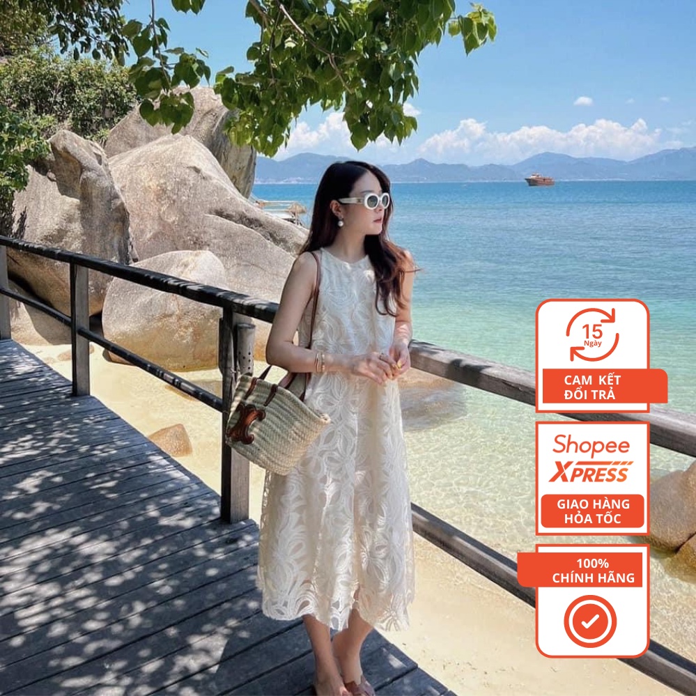 Đầm Yếm Ren Dáng Suông hoa nổi  2 lớp, váy đầm bầu cổ yếm , đầm bầu maxi, đầm bầu đi biển