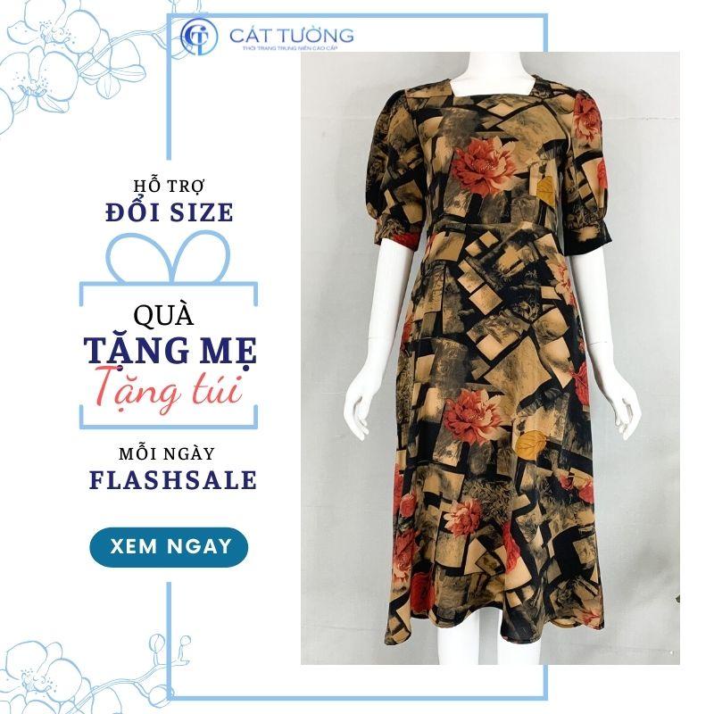 Đầm nữ trung niên tặng bà, tặng mẹ kiểu dáng mới cổ vuông cao cấp, sang trọng - Thời trang Cát Tường
