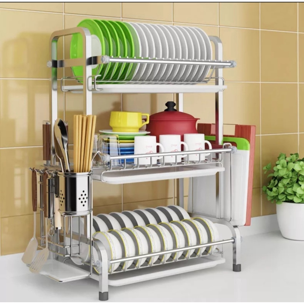Kệ nhà bếp úp chén, bát, đĩa INOX 2-3 tầng. Kệ 2T R56 x C39 x S26 cm. 3T R56 x C61 x S26 cm. Thiết kế hiện đại