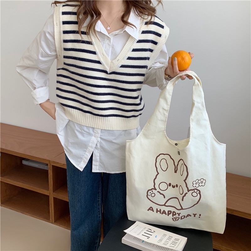 Túi Xách canvas Cỡ Lớn In Họa Tiết Hoạt Hình Chú Gấu Dễ Thương Phong Cách Nhật Bản Cho Nữ
