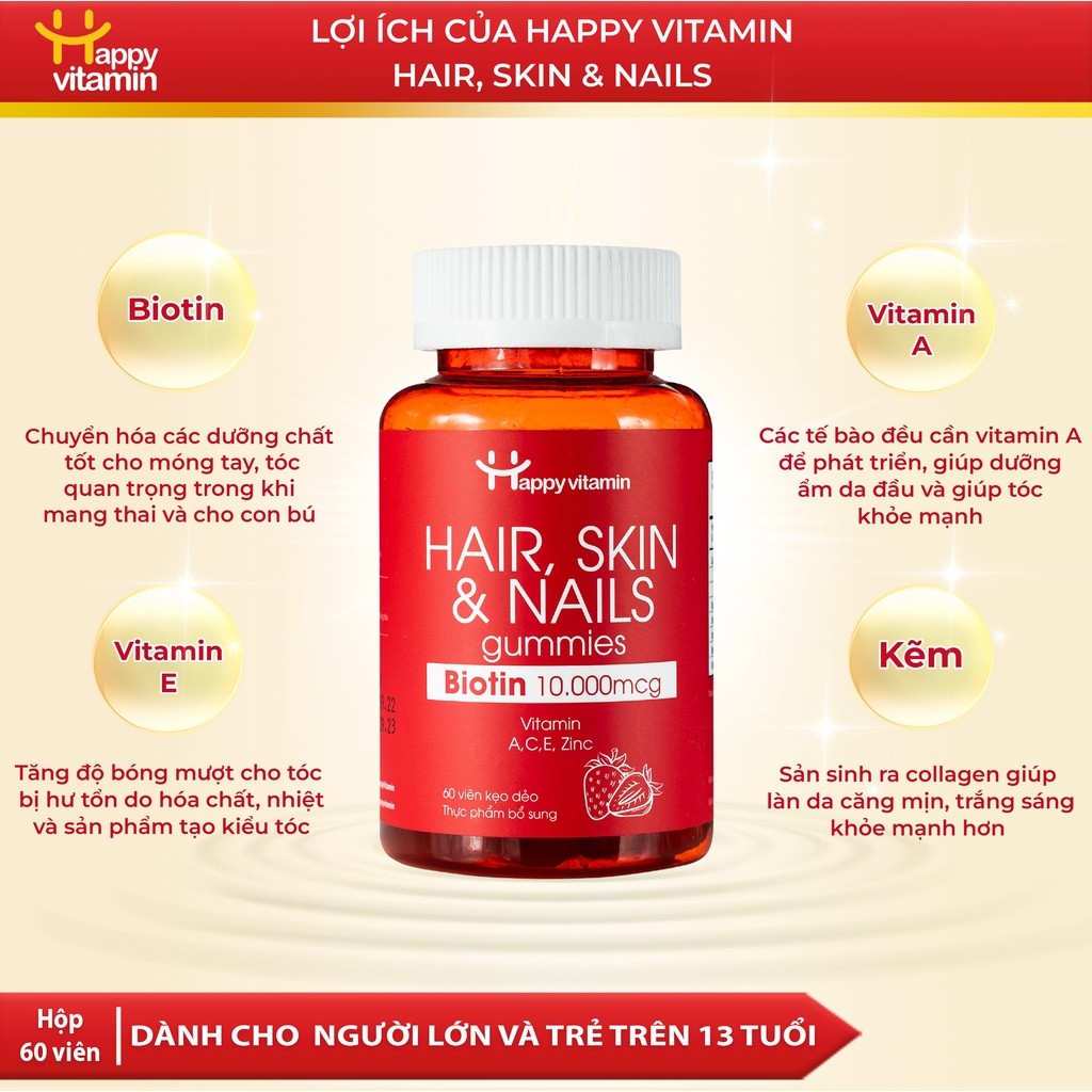 Kẹo dẻo mọc tóc, đẹp da, khỏe móng Happy Vitamin bổ sung Biotin hàng ngày Biotin Gummies