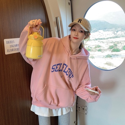 Áo nữ XINLANYASHE dáng rộng có mũ trùm đầu in chữ đơn giản