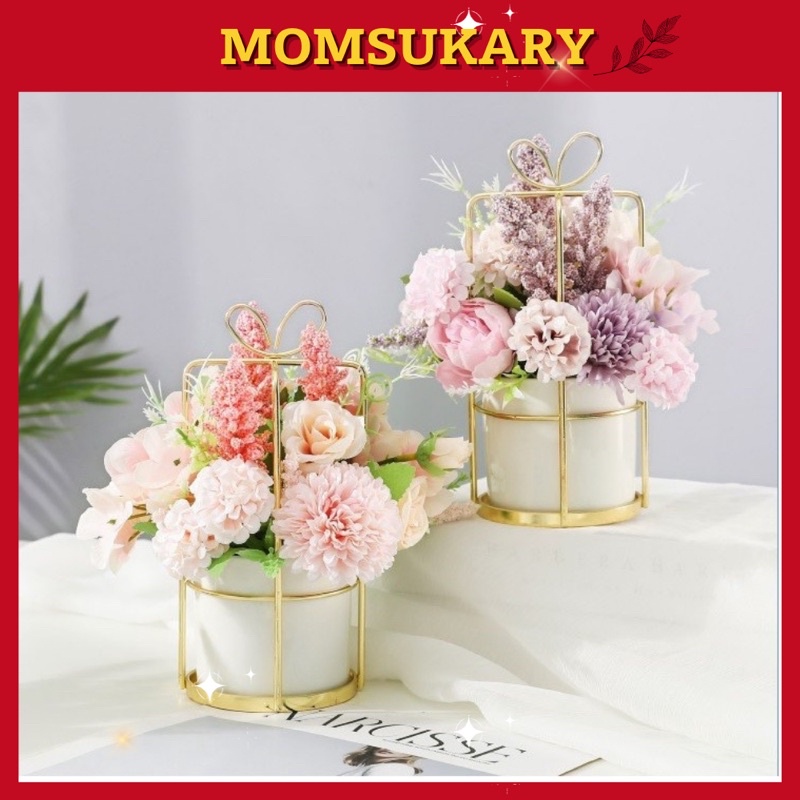 Bình hoa giả trang trí cắm sẵn để bàn phòng khách phòng ngủ mini - Hoa lụa giả và chậu sứ cao cấp khung mạ kim loại