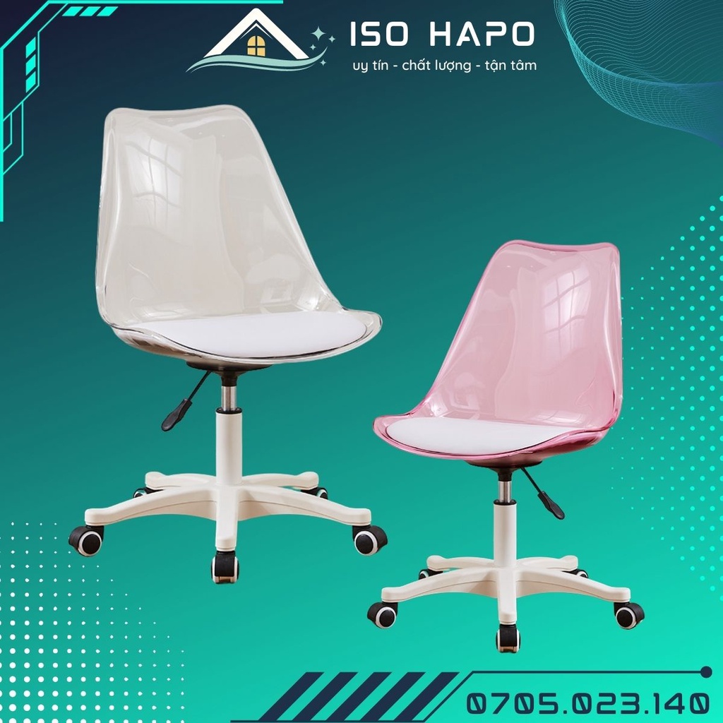 Ghế Trong Suốt Chân Xoay Cao Cấp, Ghế Nhựa Trong Suốt Có Đệm Nhiều Màu Nâng Hạ Chiều Cao Có Bánh Xe Di Chuyển