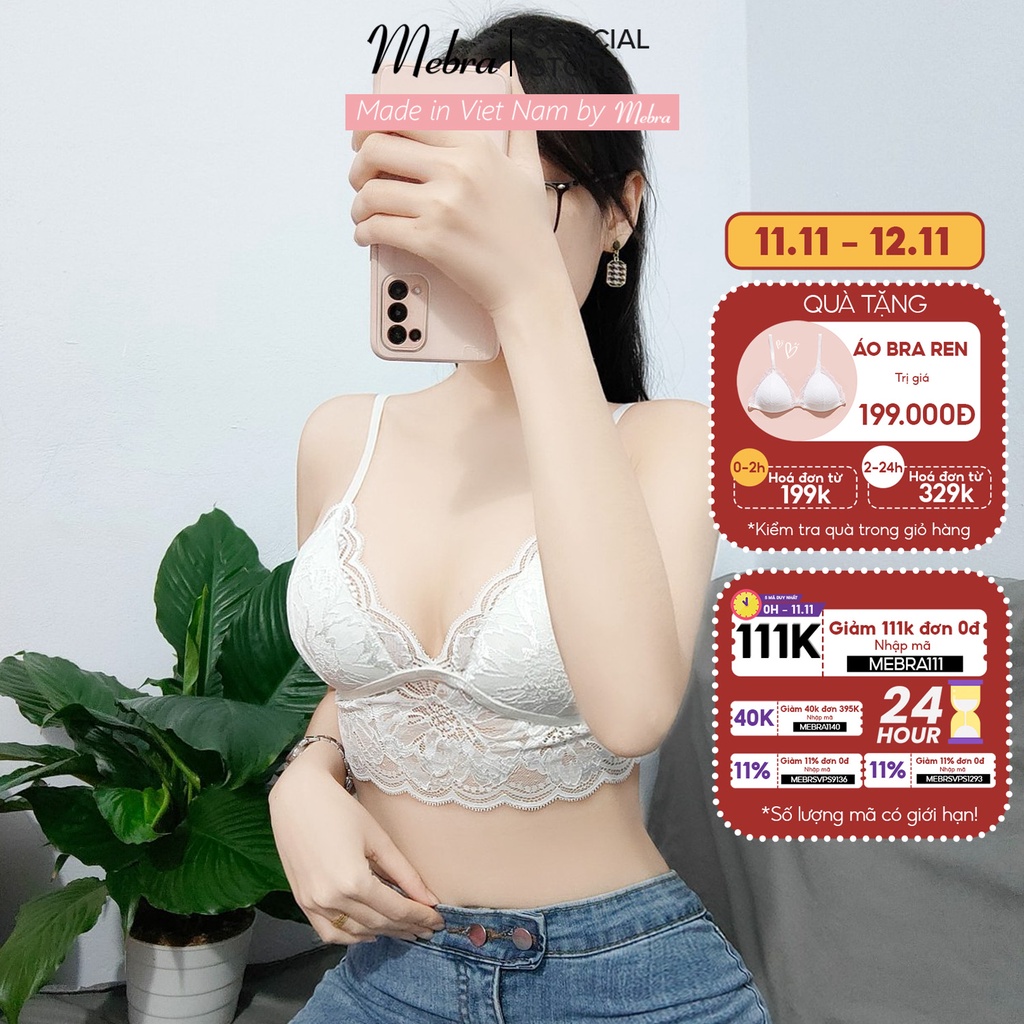 Áo lót corset bralette ren hoa trắng không gọng mút mỏng mềm mại cao cấp mặc cùng blazer áo khoác mùa thu Mebra A024