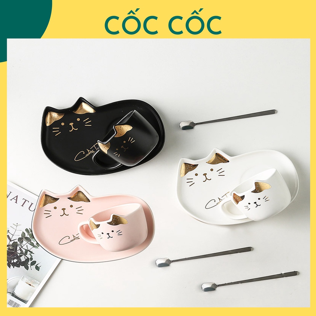 Cốc ly sứ kèm đĩa, thì thìa hình mèo Cốc Cốc dễ thương dùng để uống nước pha trà pha cà phê quà tặng bạn bè người thân